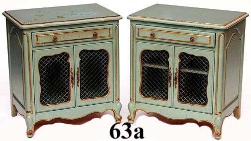 Pair of Painted French Provincial Grillwork End Ta: Pair of Painted French Provincial Grillwork End Tables with One Drawer, Gold Highlights, Good Condition, 26-1/2 Inches High X 24 Inches Wide X 17 Inches Deep. We Will Not Ship This Item Due To Its Siz
