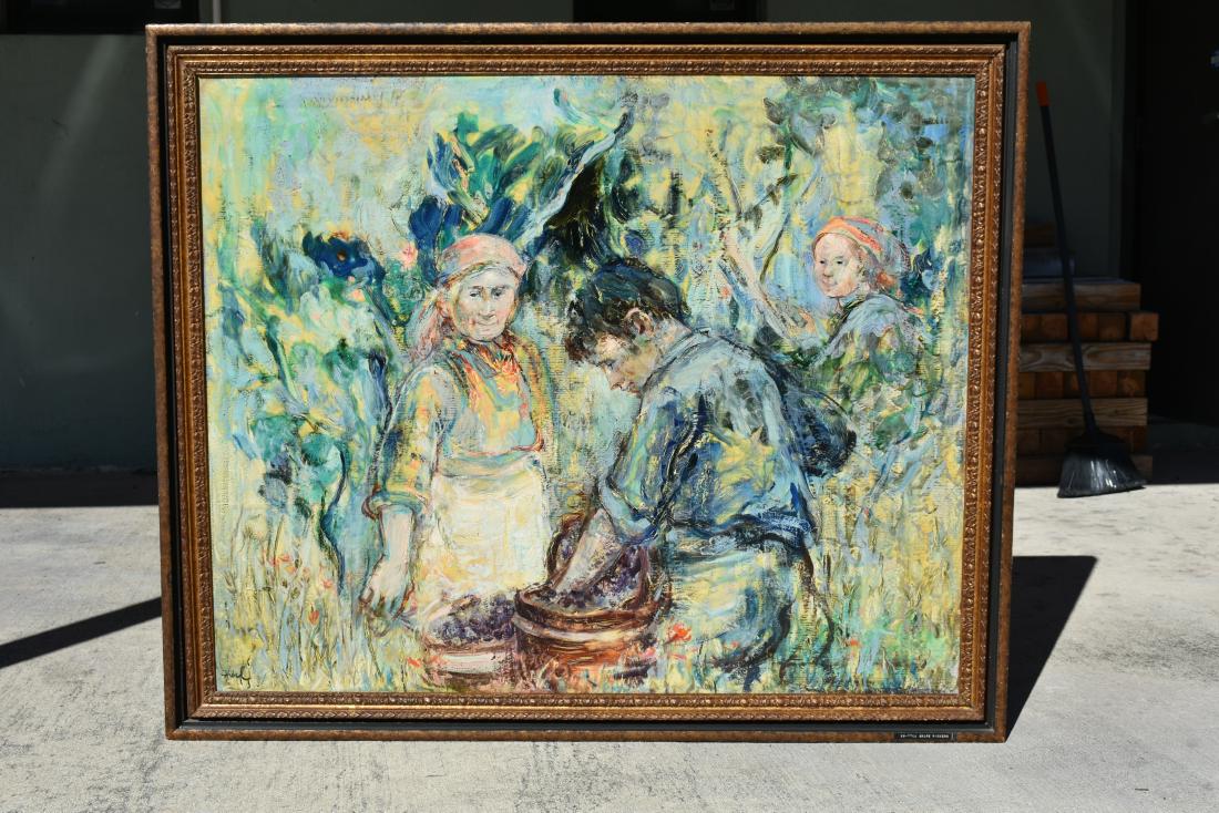 EDNA HIBEL (American. 1917-2014): Vinyard Workers. Signed Hibel l/l. Oil on Canvas. Measuring 35.5 by 43 in., overall 41.5 by 49 in.