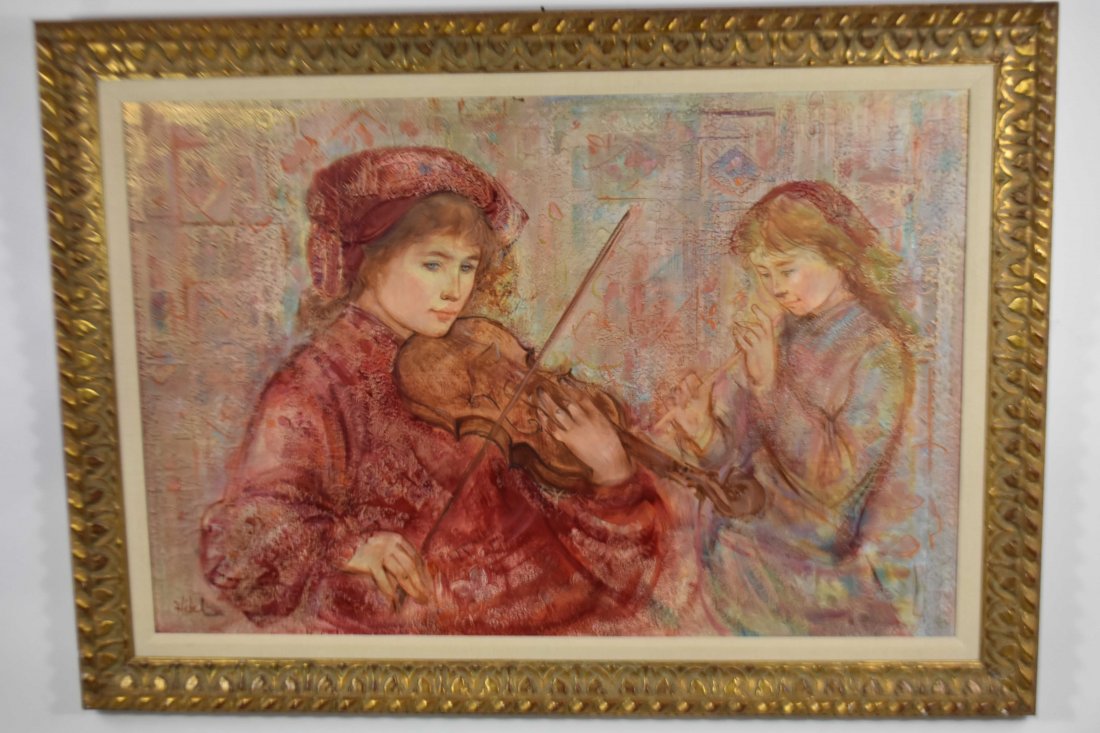 EDNA HIBEL (American. 1917-2014): Musicians. Signed Hibel l/l. Oil on Board. Measuring 24 by 35 in., overall 31 by 42.5 in.