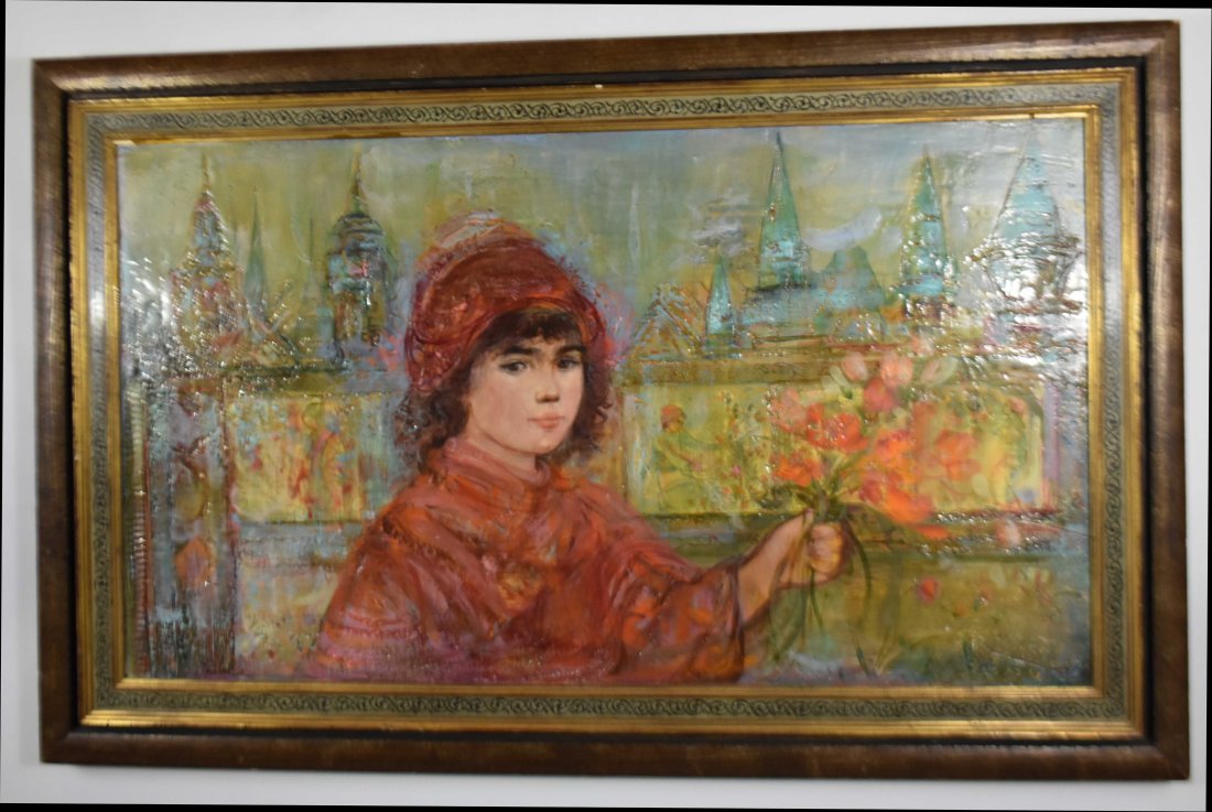 EDNA HIBEL (American. 1917-2014): Boy with Orange Poppies, Spires in the Distance. Signed Hibel l/l, the reverse inscribed reserved by the artist. Oil on Board. Measuring 24 by 42 in., overall 31 by 49 in.