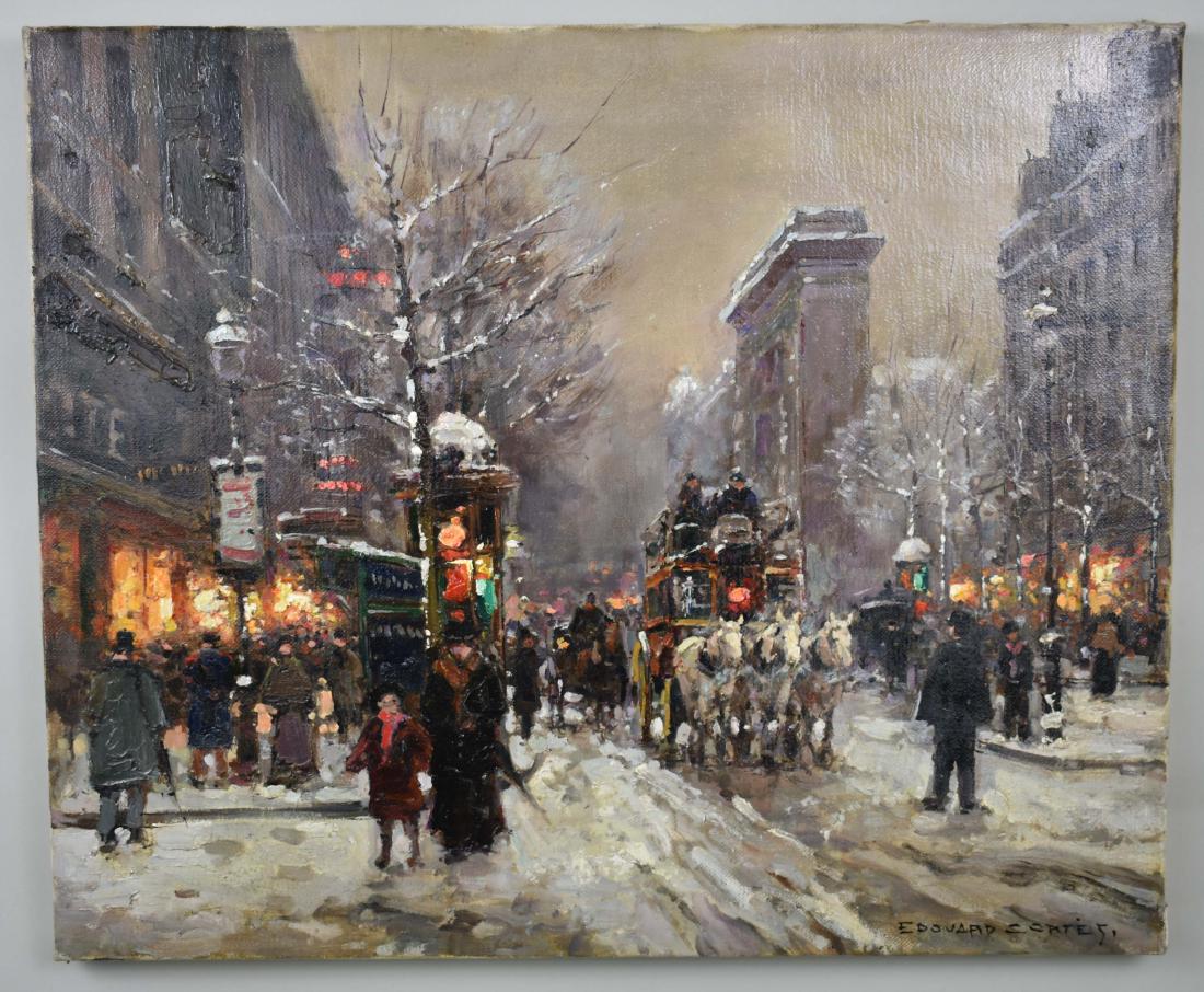 ATTRIBUTED TO EDOUARD CORTES (French. 1882-1969): La Porte St. Denis, Winter, Paris. Signed l/r. Oil on Canvas. Measuring 18 by 22 in.