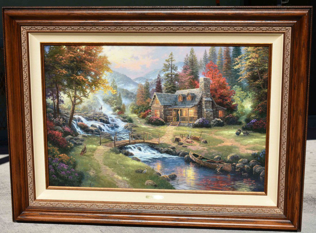 THOMAS KINKADE American 1958-2012, Mountain ParadiseII: Mountain Paradise II, 2004. Title plaque, stretcher with label, Renaissance Edition, 45/160, hand embellished, Kinkade monogram lower right, also signed, l.r., the reverse stamped twice, Share the Lig