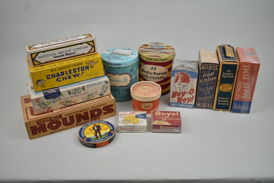TWELVE VINTAGE ADVERTISING PRODUCTS & ITEMS: First Half of the 20th Century. Comprising: Boy-Oh-Boy, Jolly Time, Delicious and Cretors popcorn boxes, a Mounds, a Charleston Chew and a James Salt Water Taffy box, a National Biscuit Company Fig Ne