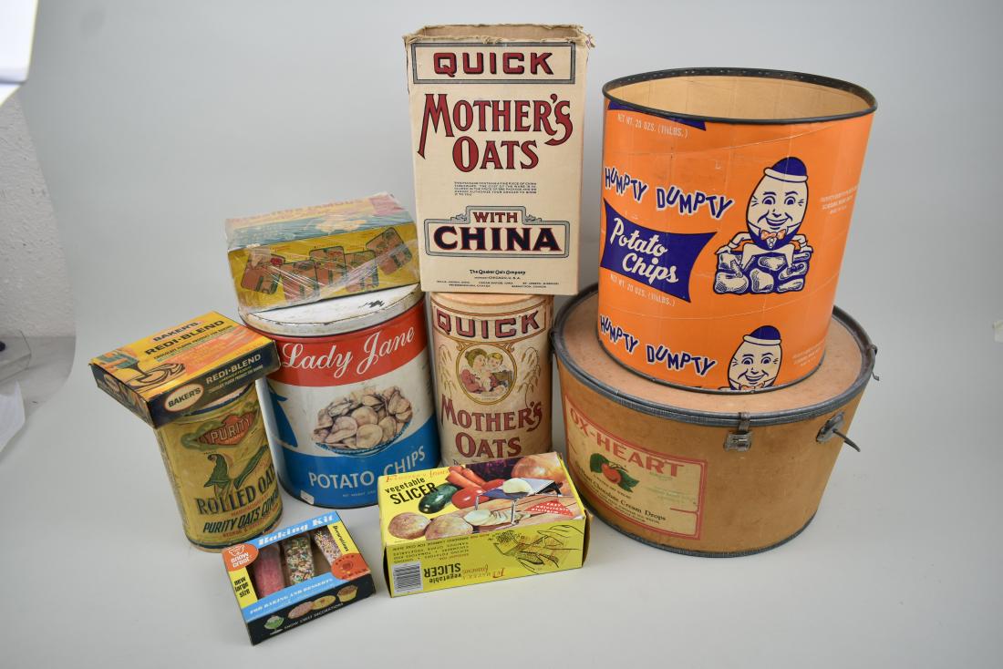 THIRTEEN VINTAGE ADVERTISING PRODUCTS/ITEMS: First Half of the 20th Century. Comprising: Jubilee, Humpty Dumpty, Lady Jane potato chip barrels, Med-O-Farms and Virginia Lee tin ice cream containers, a Purity and a Mother's Oats oatmeal cylinders