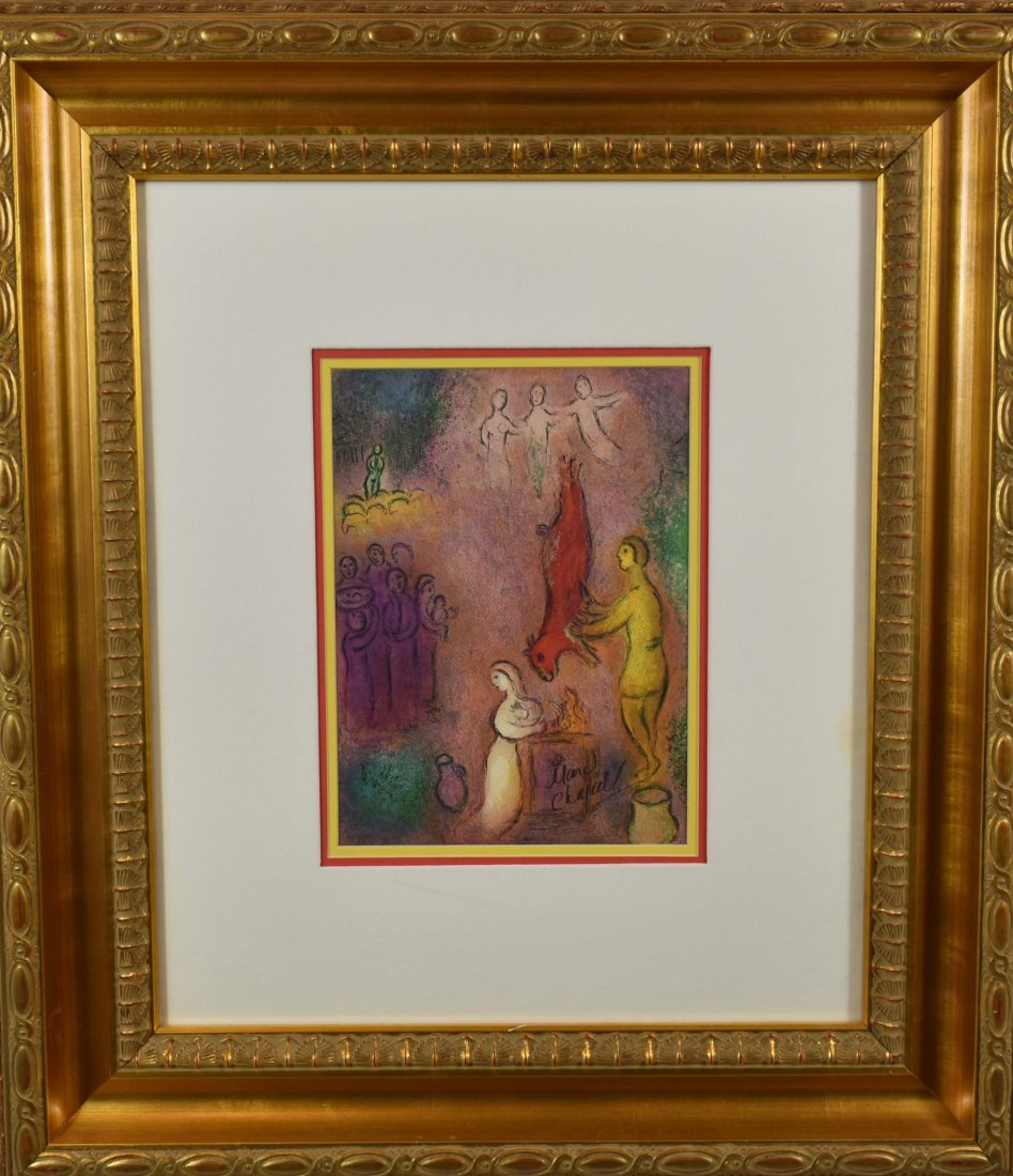 AFTER MARC CHAGALL: An Offset Biblical Sacrifice In a gilt frame. Measuring 31 by 27 in.