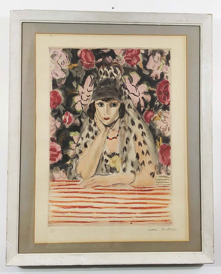 HENRI MATISSE, (Frh., 1869-1954) Calcographie du Louvre: (French, 1869-1954) L'Espagnole a la Mantille, 1925, color aquatint, full margins.etched by Jacques Villon, published by Calcographie du Louvre, Paris, printed signature,with blind stamp signed l.r.,