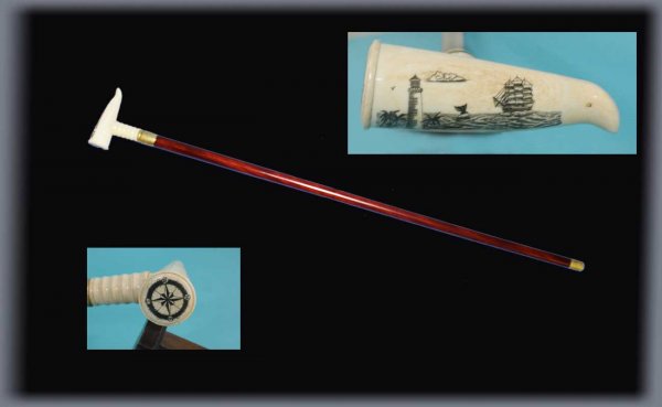Bone Handled Carved Scrimshaw Walking Stick