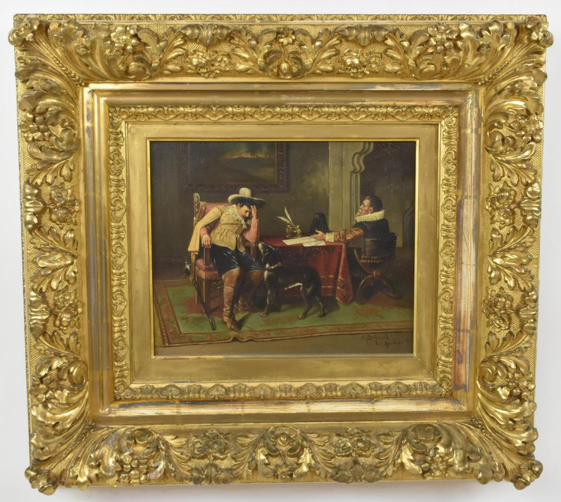 GERMAN SCHOOL (19th Century): M DELAUD (?) Cavaliers at Rest, 1892. Signed M. Delaud l/r, Munchen, 92. Oil on Canvas. Measuring 13 by 15 in. Carved gilt wood/composition frame 21 by 24.5 in. (Cond: good)