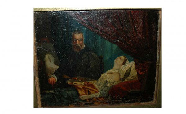 Antique Oil Painting of Woman in Bed, Oil on Canv: Antique Oil Painting of Woman in Bed, Oil on Canvas on Board, indistinctly signed lower right. Verso note 'bought by TB in 1972 in Madrid. 8" h.; 10" w. In worn gold frame. Good condition. AGOPB will