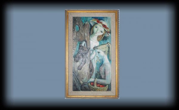 Mother and Child with Cat, 20th Century, Oil on C