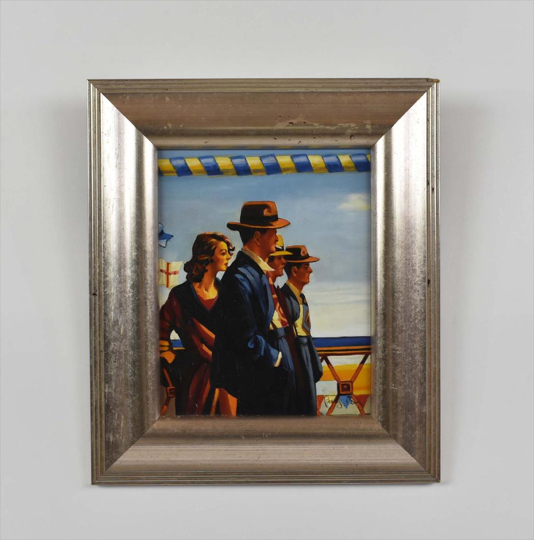 BRITISH/AMERICAN SCHOOL (20th Century): Figures at a British Beach Side Town. Signed Percy â€¦. Oil on Canvas. In a silver leaf frame. Measuring overall 14.5 by 12.5 in.