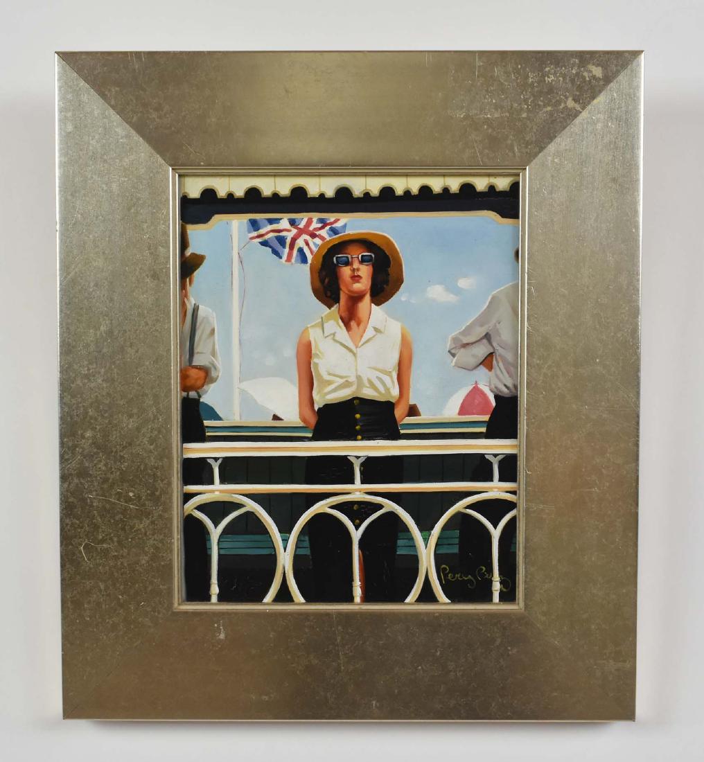 BRITISH/AMERICAN SCHOOL (20th Century): Woman at a British Beach Side Town. Signed Percy â€¦. Oil on Canvas. In a silver leaf frame. Measuring overall 15 by 13 in.