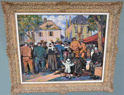 PIERRE DE BELAY (French. 1890-1947): Market Day in Concarneau. Signed and dated 1926. Oil on Canvas. Measuring 31 1/2 x 39 1/2 in. Framed. Overall measures 42 x 49 1/2 in. (Cond: good)