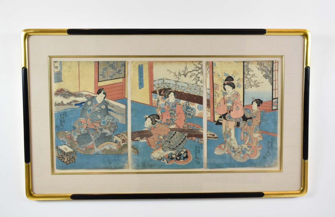 TOYOKUNI III (1786-1864): Ganji Prince and Koyto, Plum Blossoms in the Spring. Japanese Woodblock Triptych. Published, 1849, Tsutakichi Edo. Each measuring 14 by 9.5 in., overall in frame 22.25 by 38 in. (Cond: some corners re