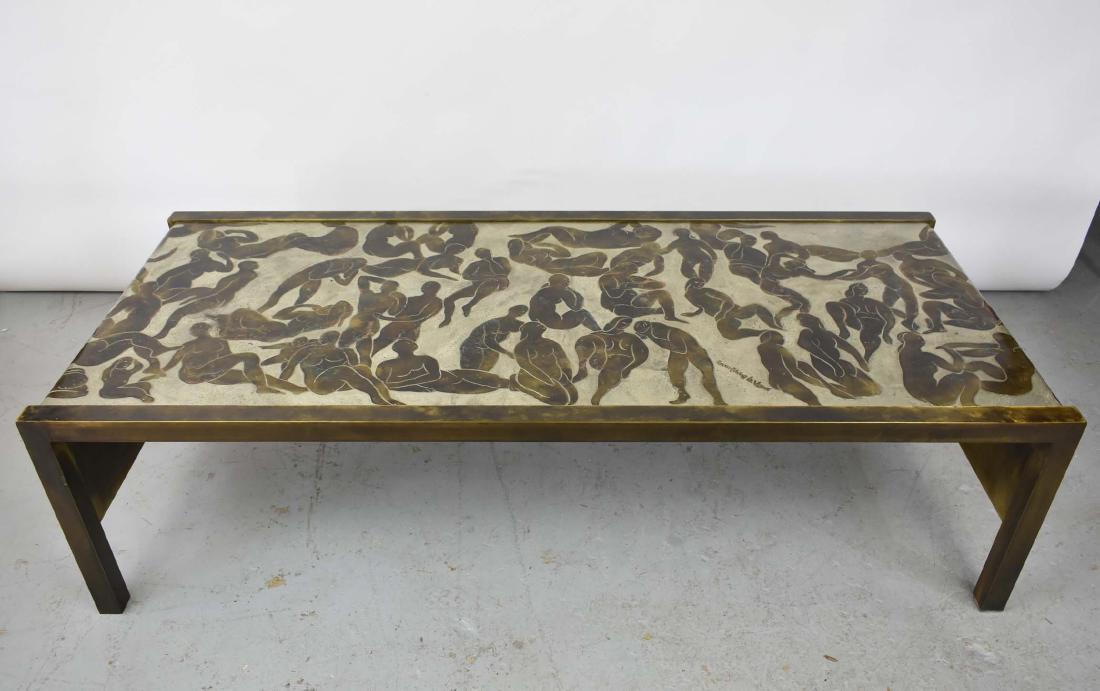 PHILIP & KELVIN LAVERNE LARGE BATHERS TABLE: Circa 1970. The top signed in script Philip & Kelvin LaVerne. The rectangular top on straight legs, the top featuring a Modernist pattern that continues down the sides with numerous male and female nu