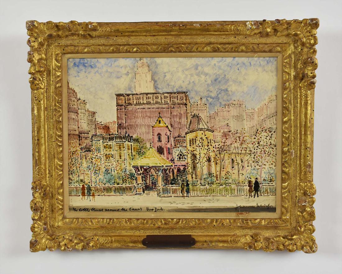 JOHANNES SCHIEFFER (Amer./Dutch. 1896-1979): The Little Church Around the Corner. New York. Signed and titled. Verso bears old label. Oil on Board. Measuring 10 x 13 in. Gilded Rococo Style Frame. Overall measures 12 1/2 x 16 in. (Cond: good)