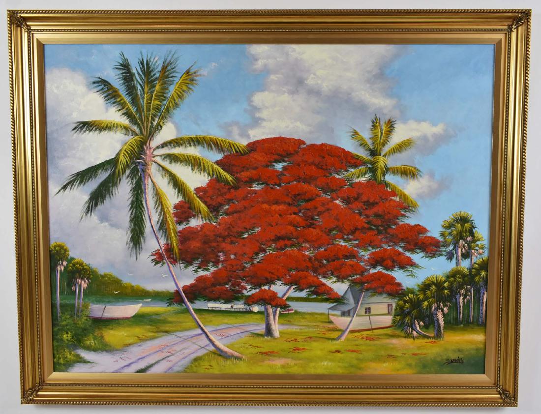 JOHNNY (HOOK) DANIELS (Florida Highwaymen. (1954-2009): Royal Poinciana. Signed J. Daniels l/r. Oil on Board. Measuring 35 by 47 in., framed 42 by 54 in. (Cond: good)