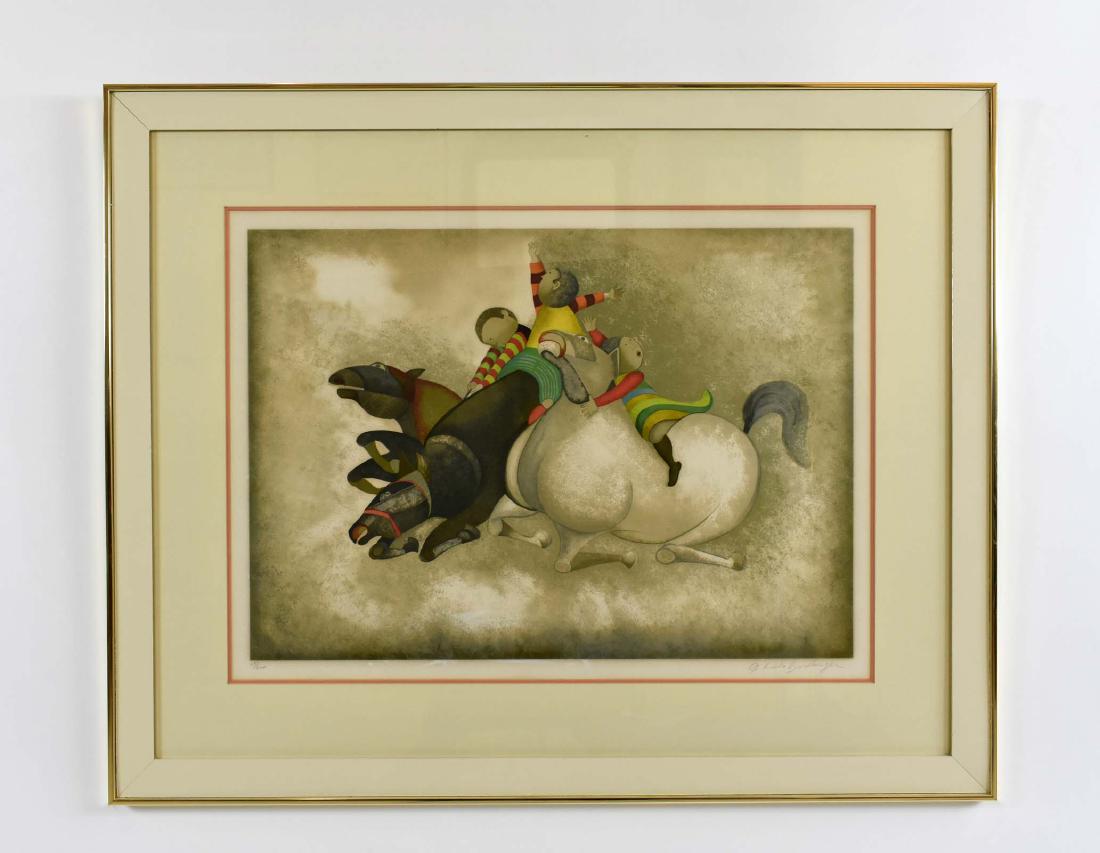 GARCILEA RODO BOULANGER (Bolivian. B. 1935): Tois Chevaux. Signed, numbered 69/200. Lithograph in Color. Measuring 26.5 by 33.75 in., well matted, framed in brass 32 by 40 in. (Cond: good)