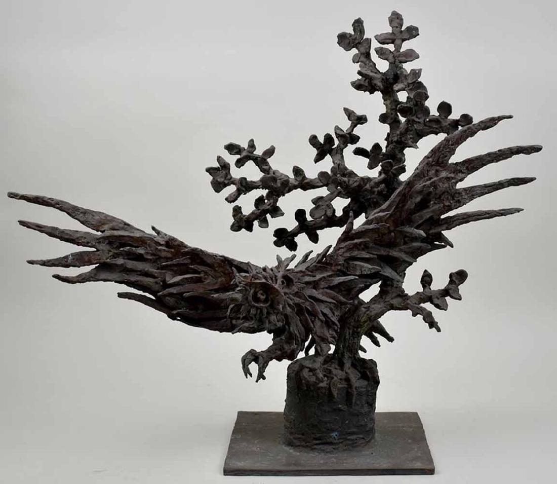 PETER LIPMAN WULF (German/American. 1905-1993): Flying Owl, 1983. Signed on the base Peter Lipman-Wulf. Patinated Bronze, cast by Modern Art Foundry, Astoria, NY. Also accompanied by a letter from the artist to its original, (the present owner) abo