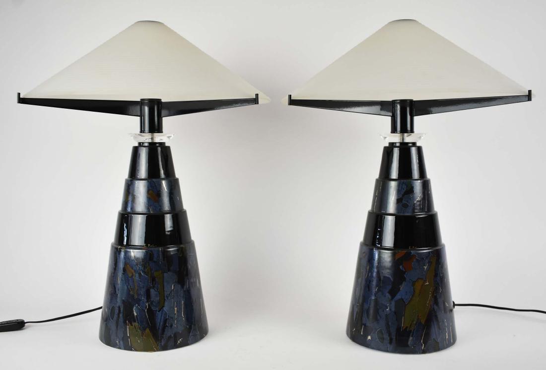 PAIR OF CONTEMPORARY OGGETTI GLASS TABLE LAMPS: Italian. Signed in gold by the Oggetti artisan E. Pinl. Each frosted glass shade supported on a green and black inverted stepped cone shaped body. Height 19 in. Diameter of shade 17.5 in. (Cond: good)
