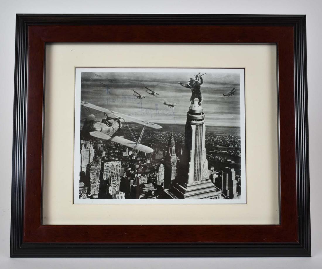 FAY WRAY & KING KONG AUTOGRAPHED PHOTOGRAPH: Black/White Silver Gelatin. Inscribed, To Jeff and Monica, Fay Ray. Measuring 8 by 10 in., matted, framed 14.5 by 17 in. (Cond: good)