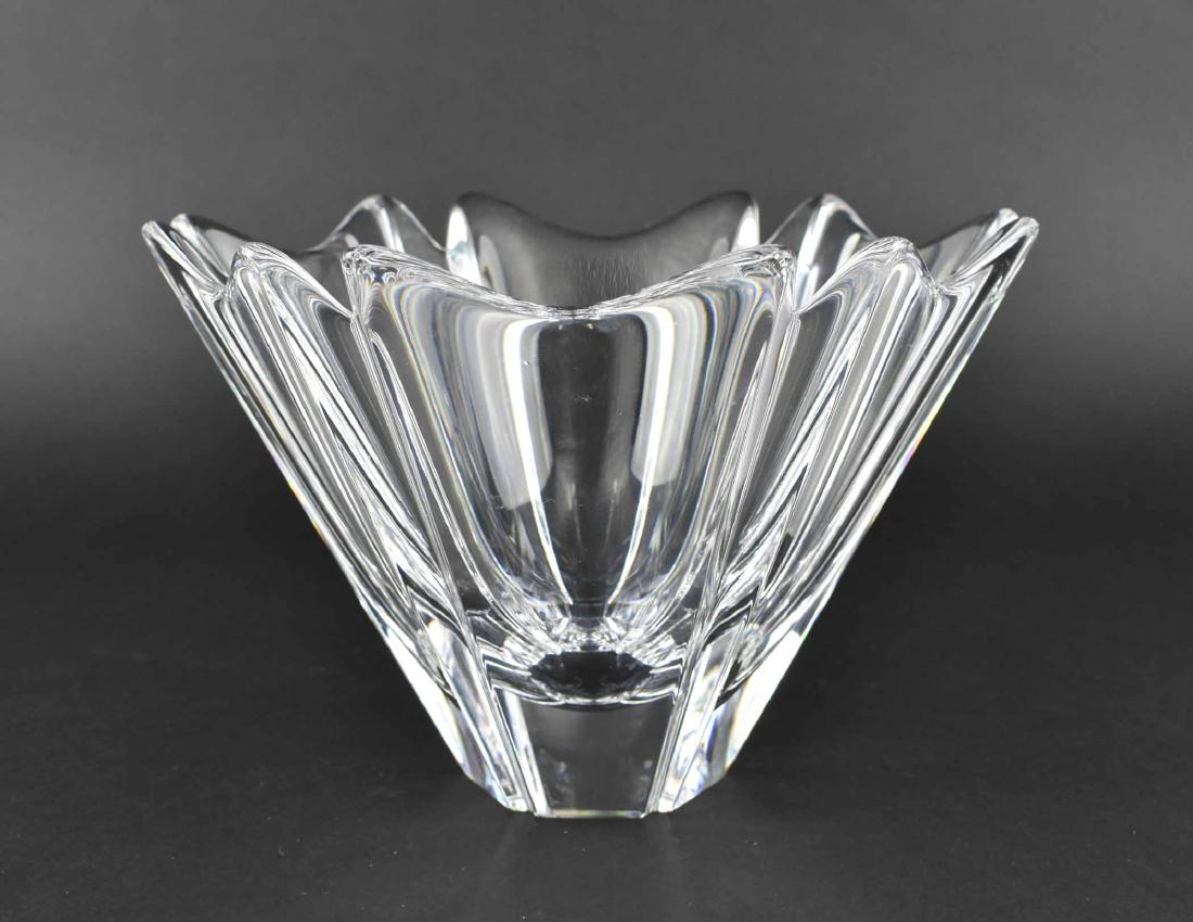 ORREFORS COLORLESS GLASS BOWL: The underside etched Orrefores 4642-14. The six-sided canted tapering bowl of petal form. Height 6.75 in. Diameter 10 in. (Cond: good)