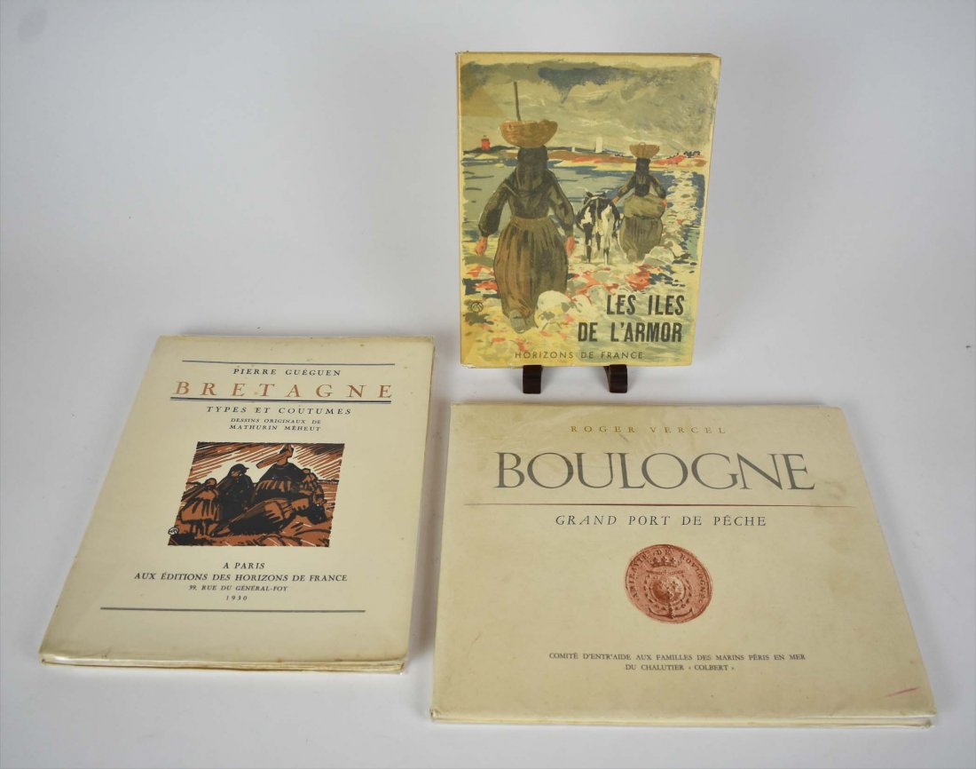 THREE VINTAGE BOOKS OF FRENCH REGIONAL INTEREST: The first, Roger Vercel, BOULOGNE GRAND PORT DE PECHE, Illustrations de Mathurin Meheut, Limited Production, 1956 /1959. The second, Pierre Gueguen, BRETAGNE, TYPES ET COUTUMES, Dessins Originaux de M