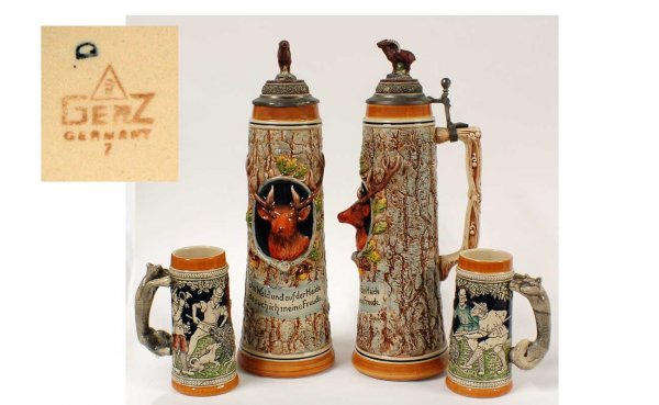 Four Gerz Germany Pottery Steins Including Pair wi