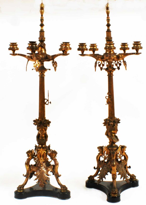 Large Pair Gothic Revival Bronze 5-Arm Candelabras