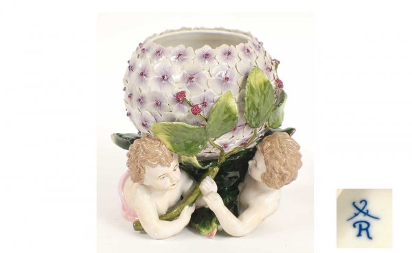 Dresden Style Spherical Porcelain Bowl with Two Ch