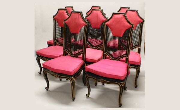 Set of Eight Italianate Ebonized & Upholstered Din