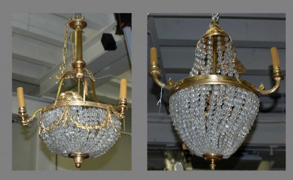 Two Gilded Bronze Crystal Prism Beaded Hanging Bas