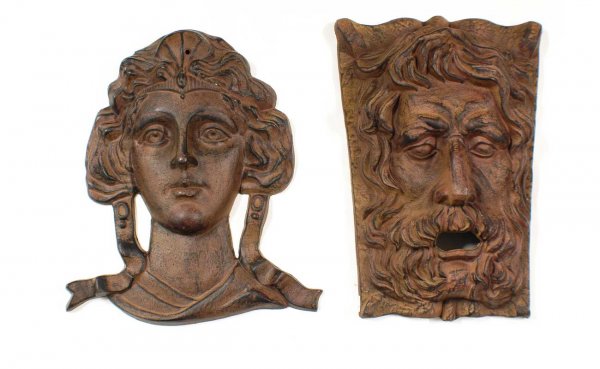 Two Cast Iron High Relief Wall Masks Depicting Bea