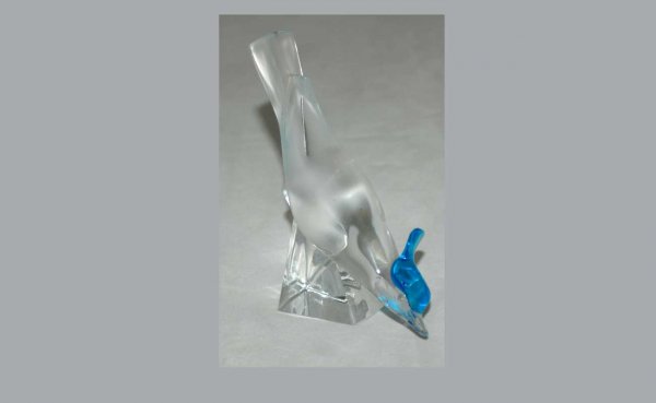 Lalique France Crystal Bird with Applied Blue Plum
