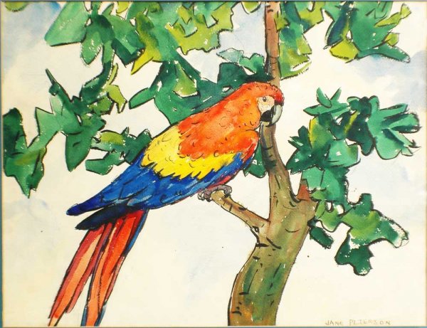 Jane Peterson (American, 1876-1965), "Parrot" s: Jane Peterson (American, 1876-1965), "Parrot" signed Jane Peterson lower right watercolor on paper Measures 16 1/2" x 21 1/2". Condition: Sheet Loose, Taped on Top. Minute fauxing. AGOPB does not ship