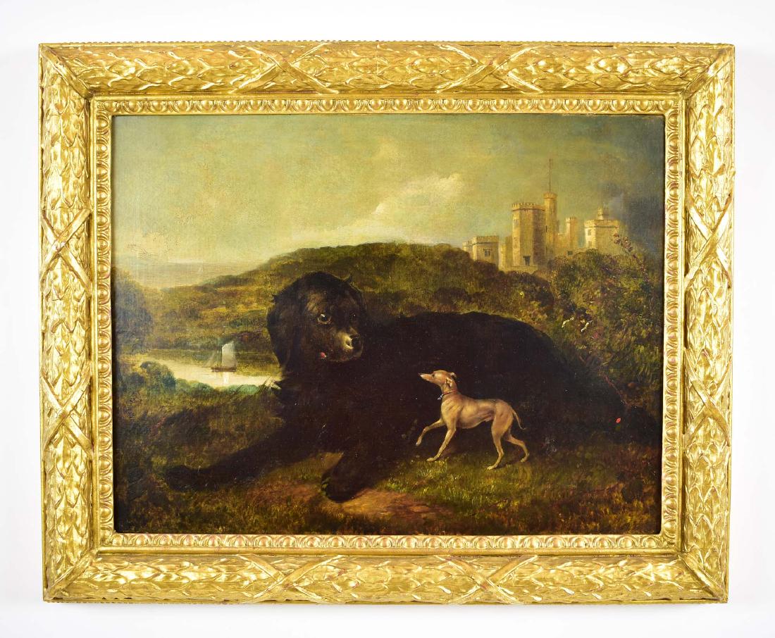WILLIAM WATSON (Scottish. 1831-1921): Whippet in a Landscape, Castle in the Distance. Signed W. Watson l/r, dated 1850. Oil on Canvas. Measuring 18 by 24 in. in a 19th Century, later gilt frame 24 by 29.5 in. (Cond: restored, relined)