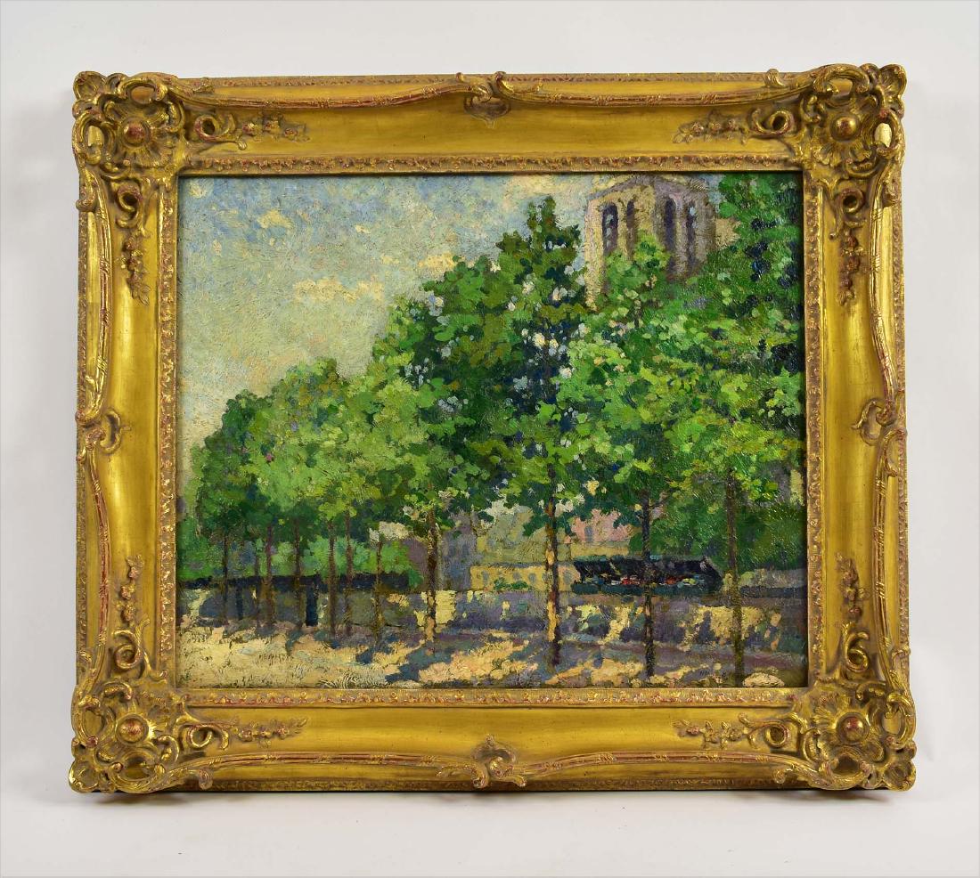 HARRY B. LACHMAN (American. 1886-1975): Paris Landscape with Notre Dame Tower. Signed Harry B. Lachman and dated '15 Lower Right. Oil on Canvas. Measures 23.75 x 28.75 inches. Gilded Rococo Style Frame. Overall Measures 32 x 36 inches. (Con