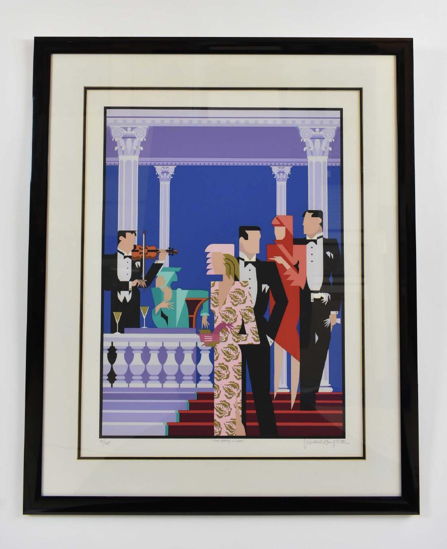 GIANCARLO IMPIGLIA (Italian. b. 1940): The Party is Over. Pencil signed, numbered 97/165, dated 1988. Titled in the center margin. Serigraph. Image measuring 31 by 22.5 in. Matted, framed in black lacquer, 42.5 by 34 in. (Cond: good)