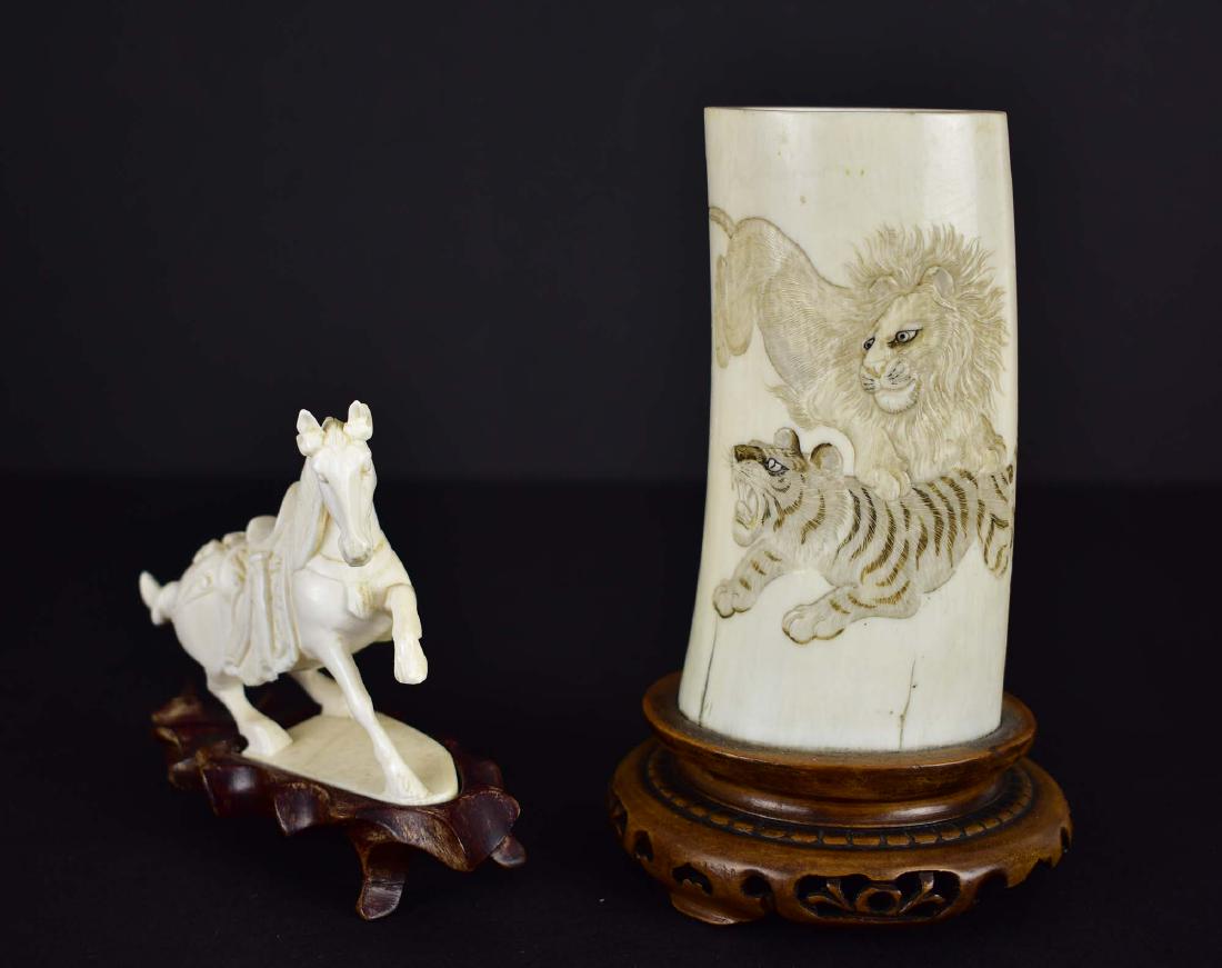 JAPANESE FELINE ETCHED VASE & CHINESE HORSE: The first Meiji Period, decorated with a lion and tiger; the second, a Tang style horse. Heights 4.5 in., 2 in., respectively. (Cond: small shrinkage crack, otherwise good)