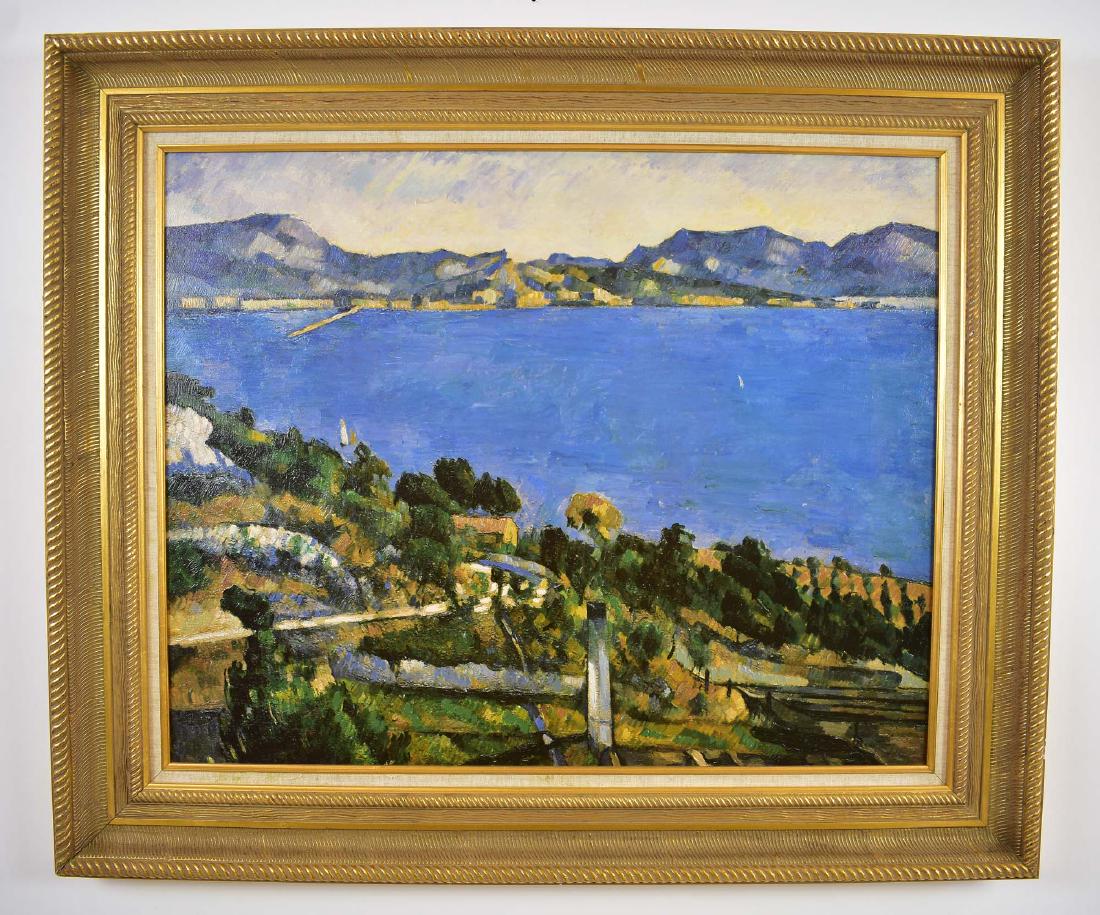PAUL CEZANNE; MUSEUMS OF FRANCE BRUSHSTROKES COLLECTION: After Paul Cezanne, Gulf of Marseille From Estague. The reverse titled, edition/limited, numbered. Measuring 24 by 30 in., in a gilt frame, overall 32 by 38 in.