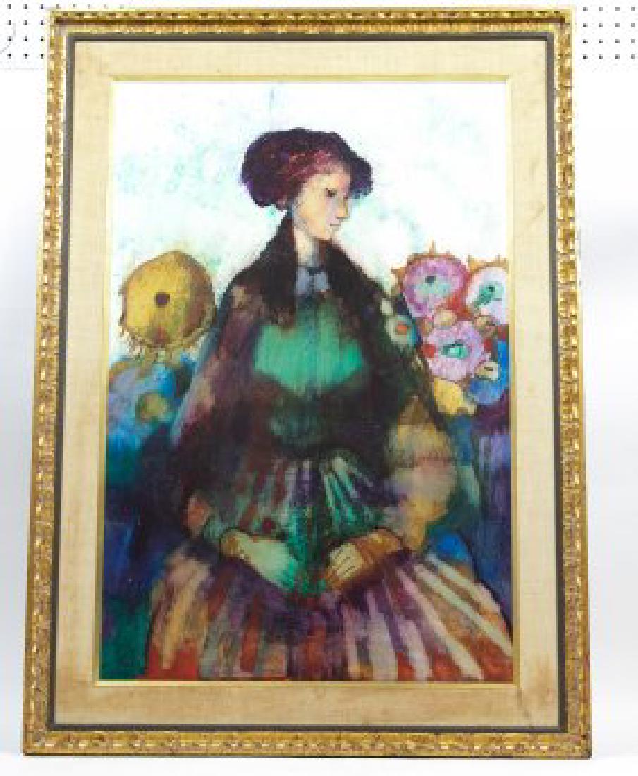 DONALD PURDY (American. b. 1924): Woman Seated before Foliage. Signed. Oil on Board. Measuring 36 by 24 in., overall 43.5 by 31.5 in.