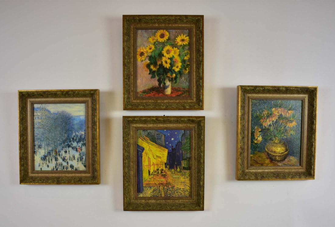 MUSEUMS OF FRANCE BRUSHSTROKES COLLECTION: After Van Gogh and Monet. Set of four. The reverse with titles, numbered. In gilt frames, overall 13.5 by 11.5 in.