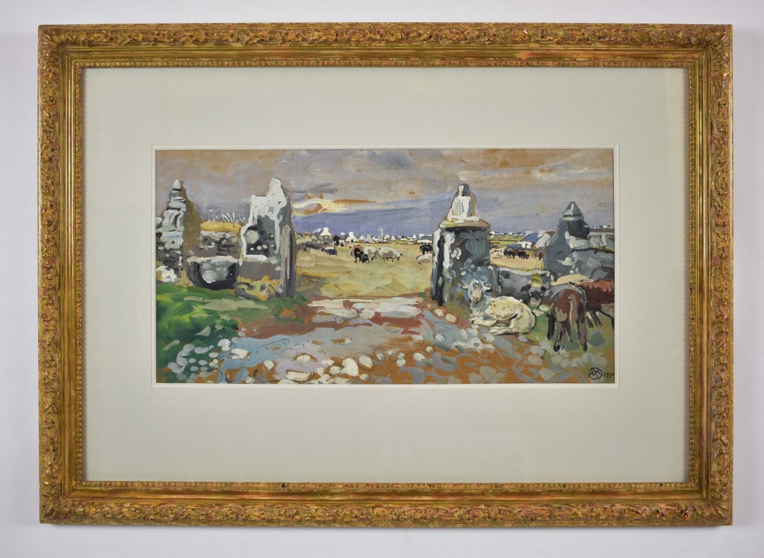 MATHURIN MEHUET (French. 1882-1958): Country Scene in Brittany. Monogrammed MM and dated 1950 lower right. Watercolor and Gouache on board. Sight measures 10 3/4 x 21 1/4 in. Framed behind glass. Overall measures 24 1/2 x 32 1/4 in. (Con