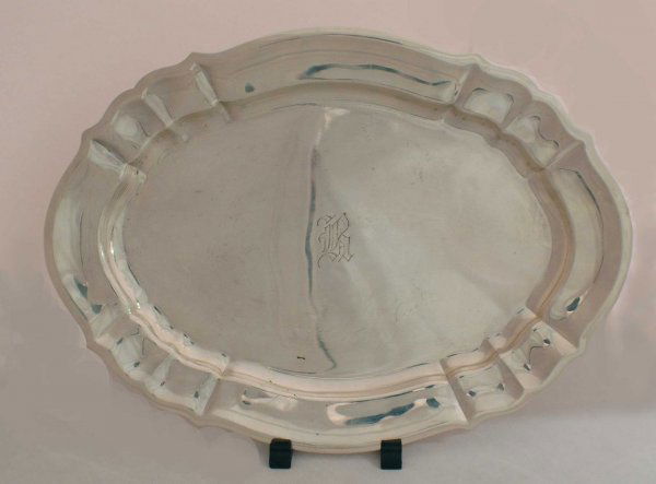 Gorham Sterling Silver Platter, date mark for 1941: Gorham Sterling Silver Platter, date mark for 1941 maker: In the "Chippendale" pattern with engraved initial. Length 15 1/4" (19ozs). AGOPB will not pack or ship items; please contact the gallery for