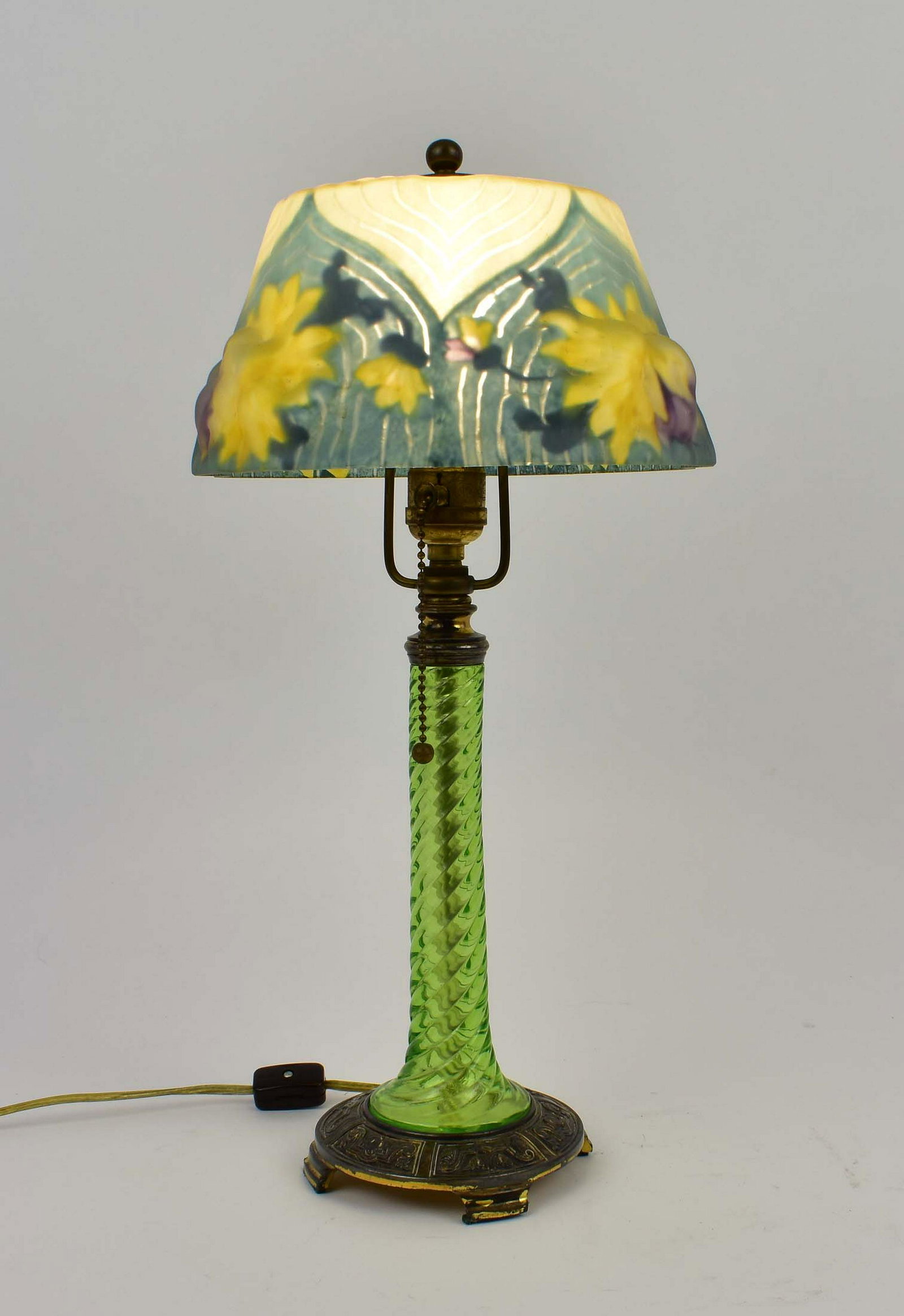 PAIRPOINT PUFFY REVERSE PAINTED TABLE LAMP: 1900-1920. The shade marked The Pairpoint Corp. in silver, the base with P in a diamond, numbered D3083. The circular shaped flared shade with yellow dahlias on a turquoise and white striped ground, o