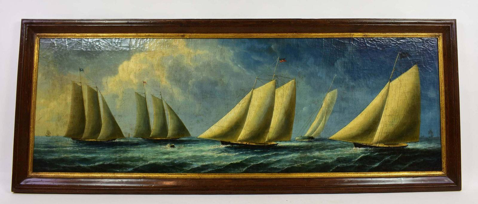 TREVOR JAMES (English/American. 20th Century): Sailing Ships. Appears to be unsigned. Oil on Canvas. Measuring 24 x 72 in. Framed. (Cond: good)