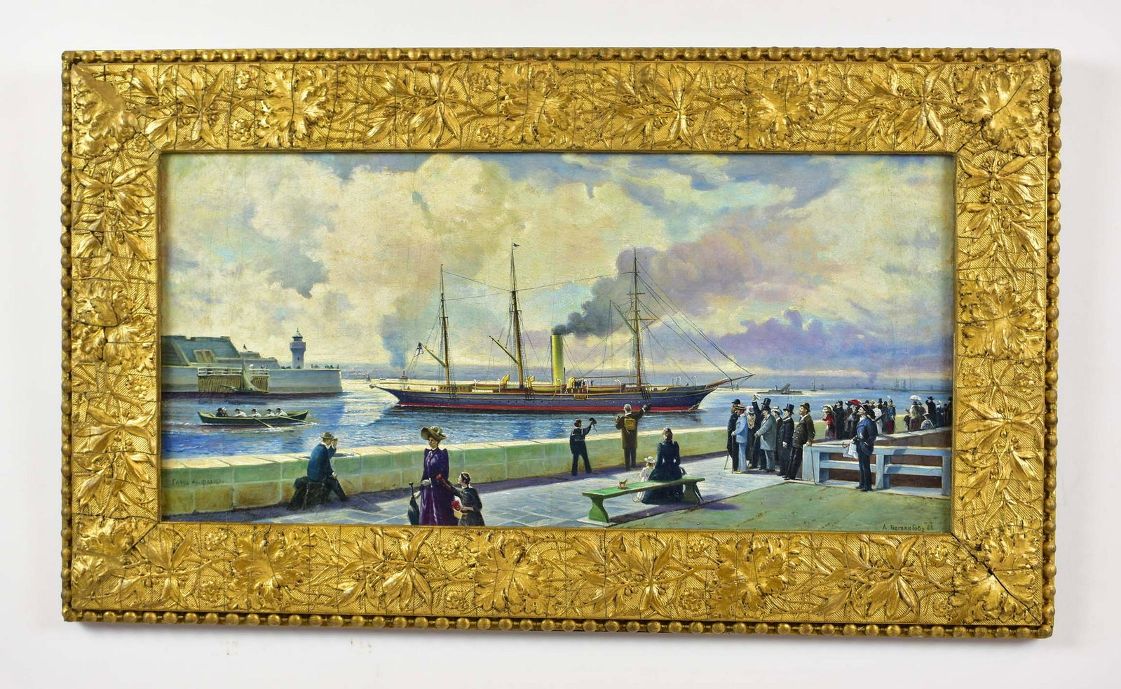 ALEKSEI PETROVICH BOGOLYUBOV (Russian. 1824-1896): Attributed to,ALEKSEI PETROVICH BOGOLYUBOV Russian Royal Yacht Kolkhida Leaving Port Bearing a Cross of St Andrew Standard. Signed in both Cyrillic l/l, and in Latin Script, A. Boroaiobobz, 88 l/r. Oi