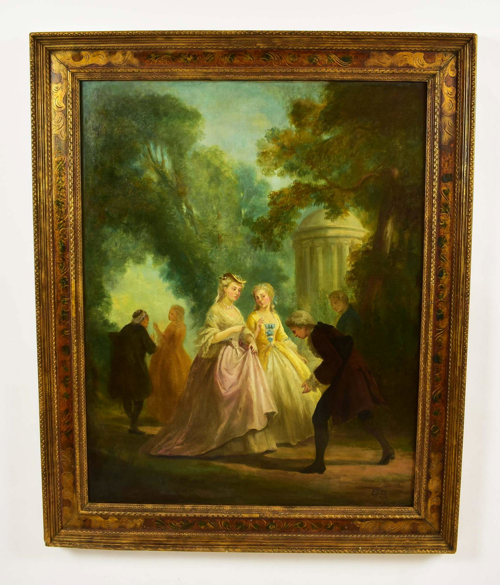 CLETO LUZZI (Italian. 1884-1952): Ladies and Gentlemen in a Romantic Garden. Signed Cleto Luzzi Roma l/r. Oil on Canvas. Measuring 36 by 28.5 in., framed 43.5 by 35.5 in. (Cond: good)