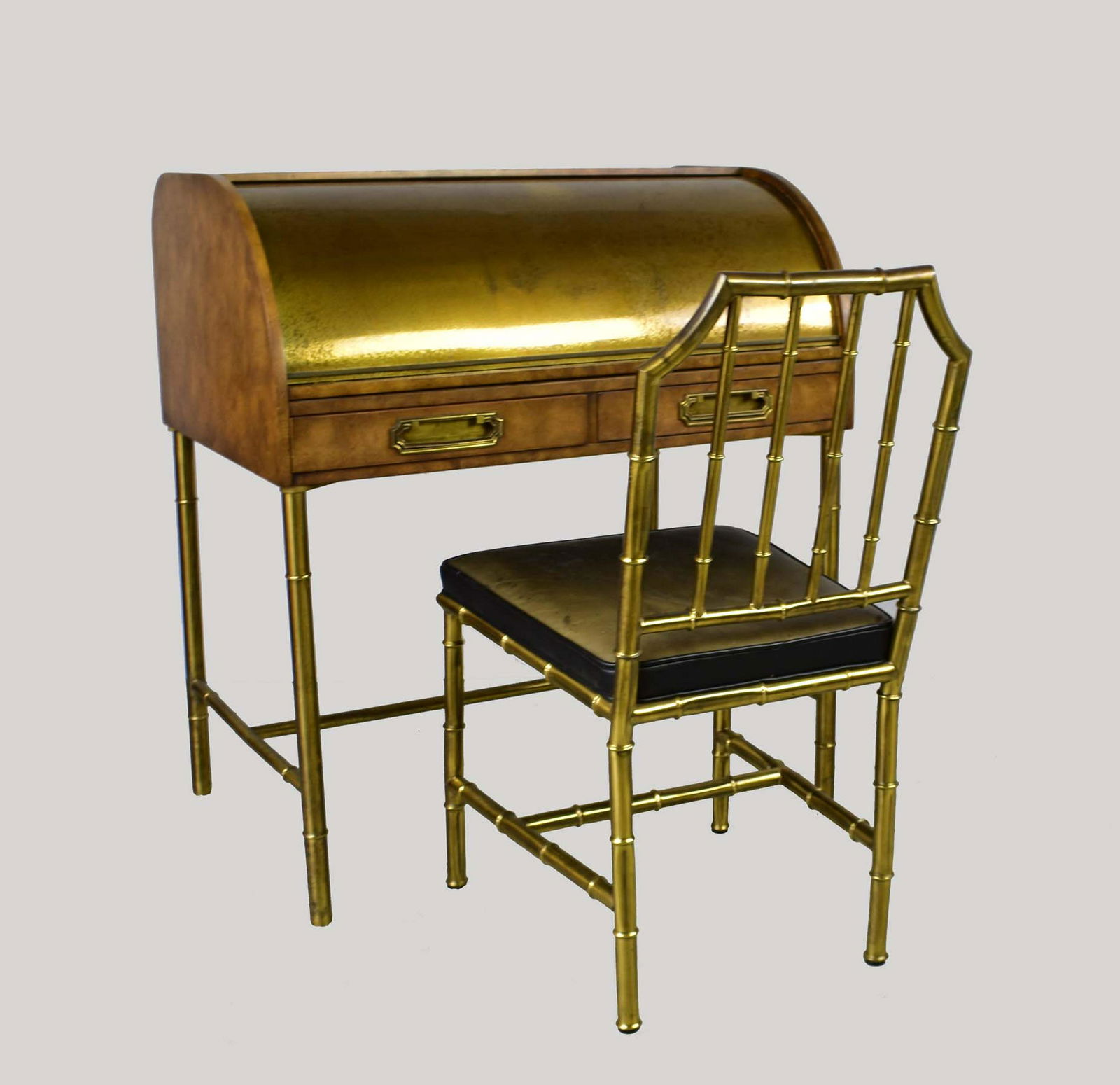 MASTERCRAFT CYLINDER WRITING DESK AND CHAIR.: Fitted interior with pull out leather inset slide.