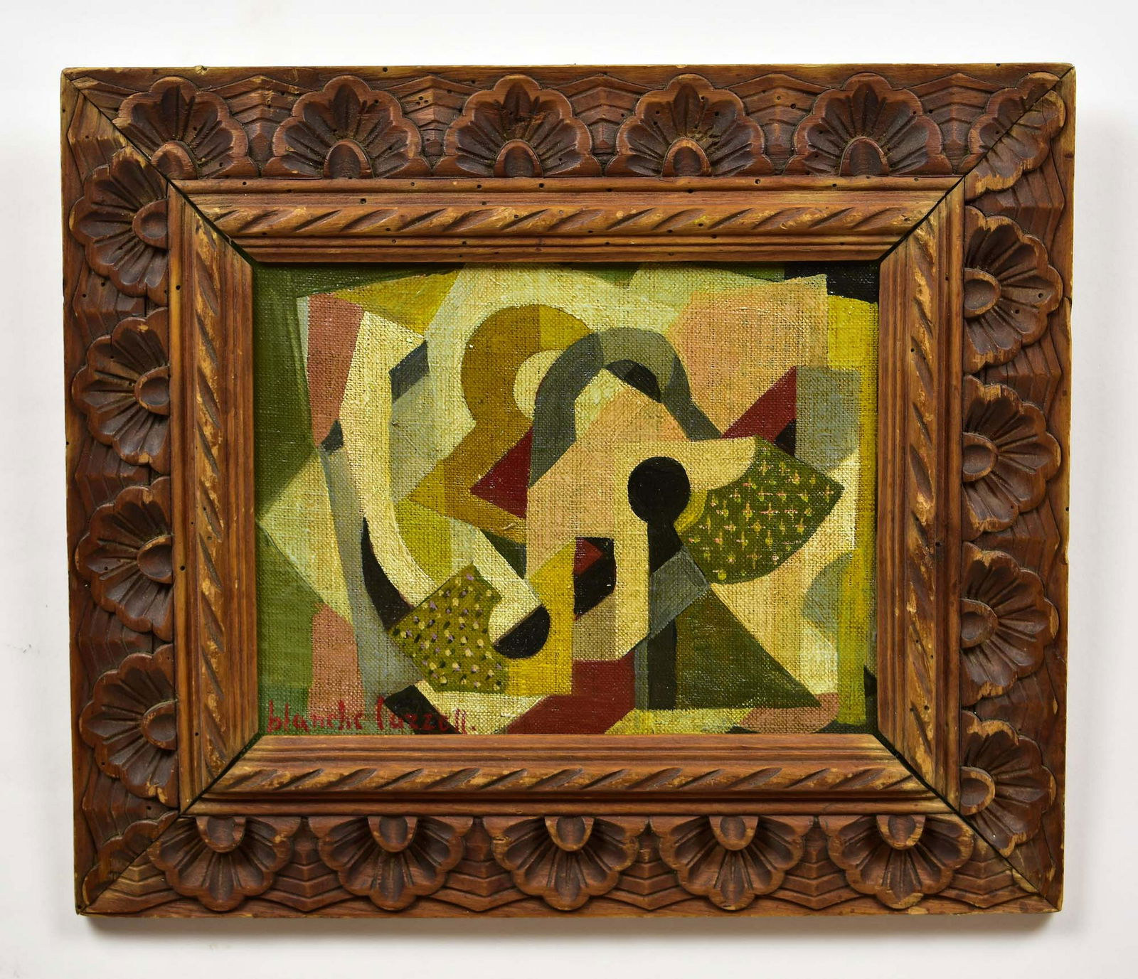 ATTRIBUTED TO BLANCHE LAZZELL (American. 1878-1956): Cubist Composition. Signed l/l. Oil on Canvas Board. Measuring 7 by 9 in., in a carved wood frame 11.75 by 13.75 in. (Cond: good)